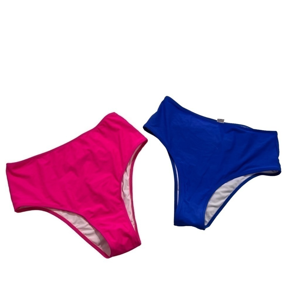 Women's Size Large High Waisted Bikini Bottom Set of 2 Bright Pink Royal Blue